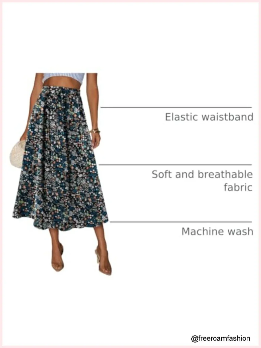 Print Midi Skirt High Waist Elastic A-Line Bohe Swing Skirts with Pocket
